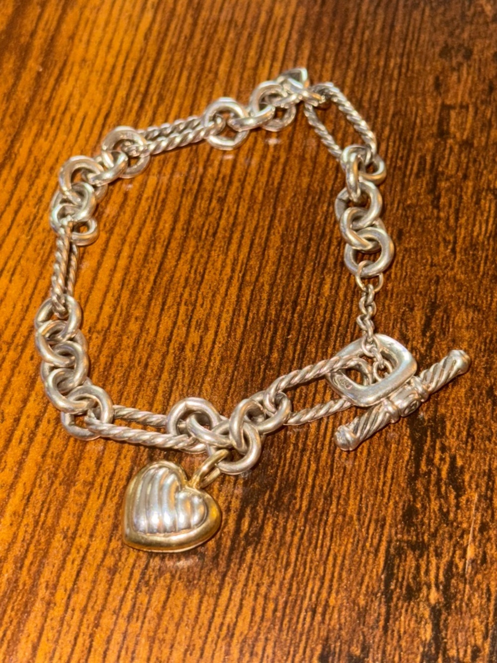 David Yurman Sterling Sliver with 18K Yellow gold heart charm bracelet